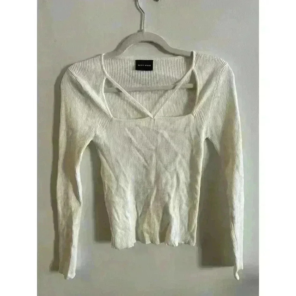 MIOU MUSE Ribbed Long Sleeve Top -white - Size Small